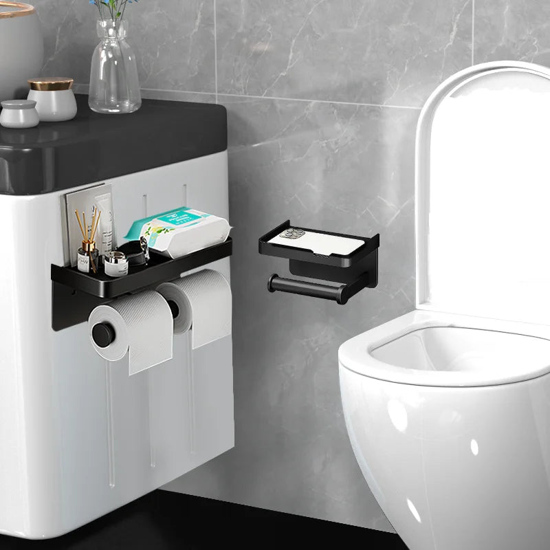 Aluminum Alloy Wall-Mounted Toilet Paper Holder with Shelf Phone Stand, Black/White/Grey, 2pcs