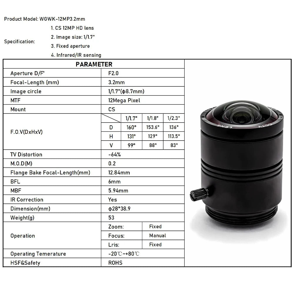WGWK 4K 12MP CS Mount CCTV Lens 1/1.8" Format Manual Iris 5-50mm Industrial Zoom Lens For Machine Vision Surveillance IP Camera