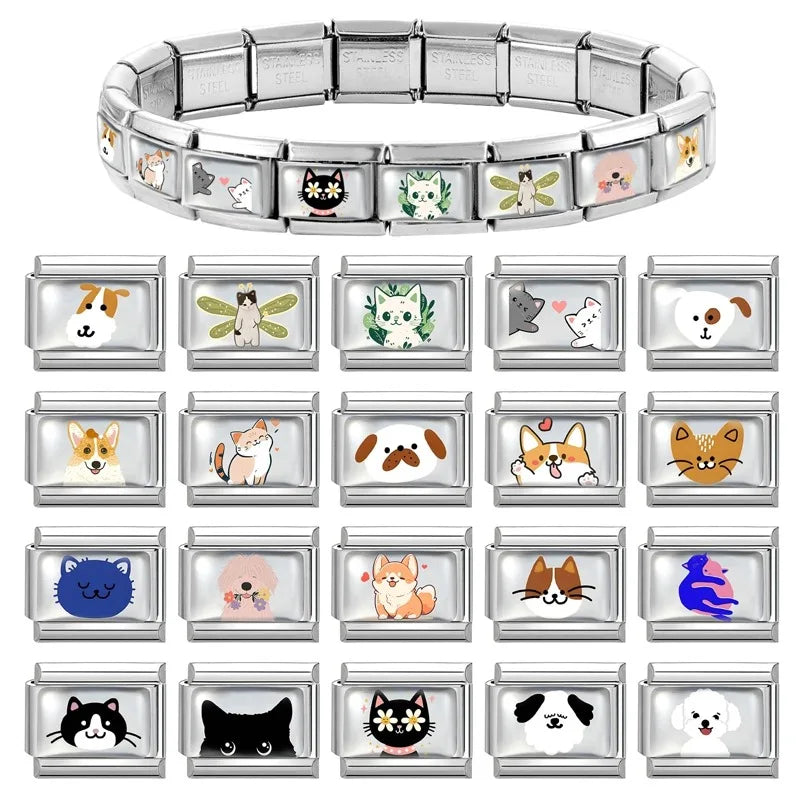 2025 Original Cute Cartoon Colorful Pet Dog Black Cats Italian Charm Links Fit 9mm Stainless Steel Bracelet Men Women DIY Making