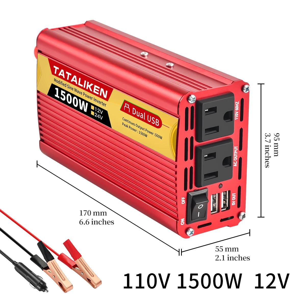 Car Power Inverter DC 12V/24V to AC 110V 60Hz 600W-2500W Vehicle Converter