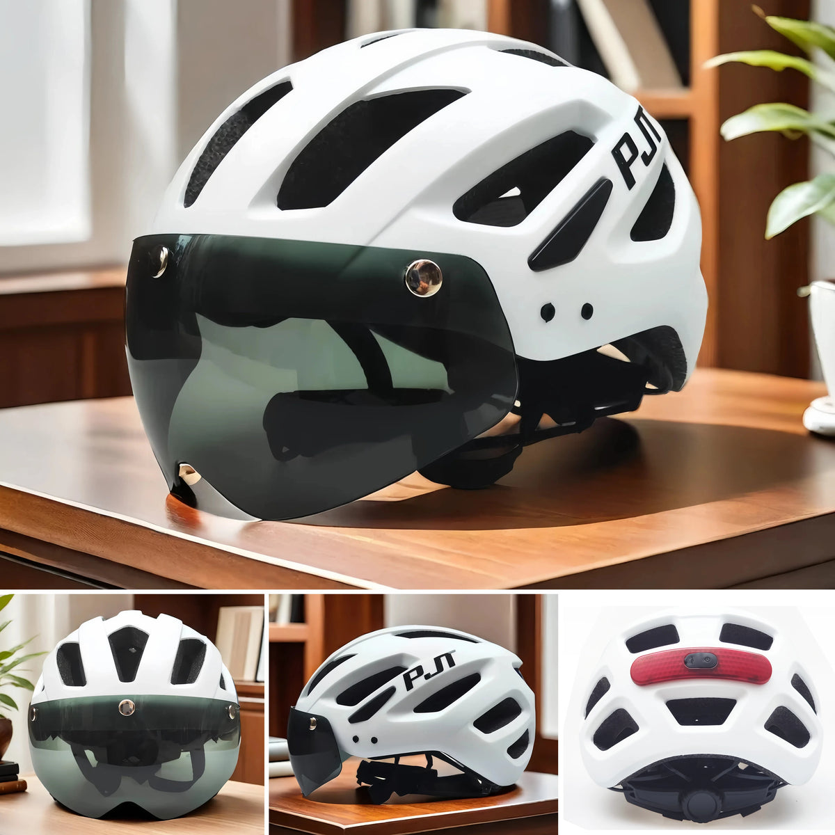 PJT New LED Bike Helmet With Sun Goggle Visor Rechargeable LED Men Bicycle Helmet Sunglasses Shield Road MTB Cycling Helmets