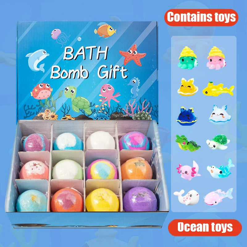 Children’s 12-Piece Bath Salts Gift Set with Hidden Toys Organic Safe Ocean Bubble Bath Perfect for Sensory Play Bathtime Fun