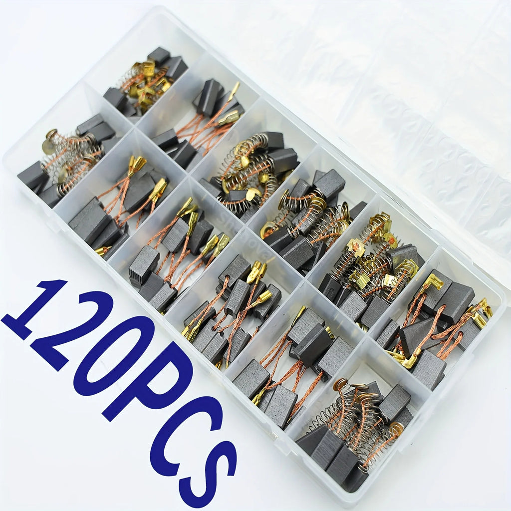 120-Piece Carbon Brush Combination Set, Carbon Brushes for Home Renovation Power Tools in 12 Sizes to Choose From, Suitable for Angle Grinders, Impact Drills, Electric Drills, Electric Hammers, and Circular Saws for Repair and Replacement Parts.