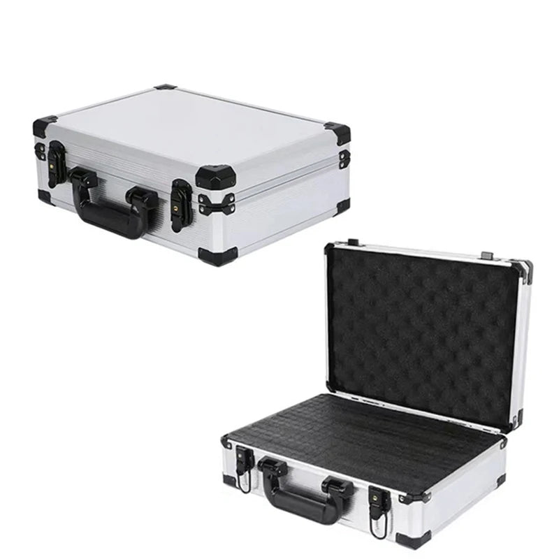 Aluminum Frame Protective Case Storage Box Suitcase with Key Locker Sponge Cubes Compartment for Micrphone Sound Card Mixer