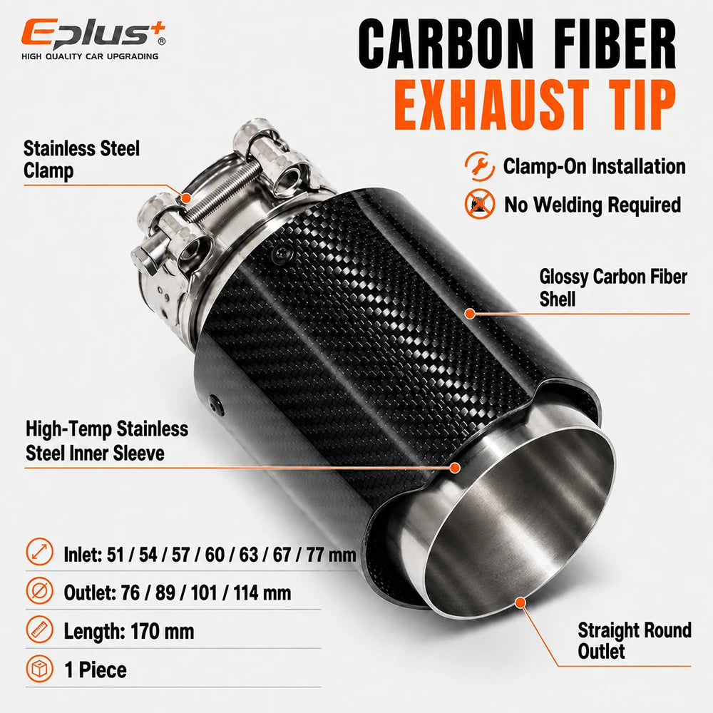 Universal Glossy Carbon Fiber Car Exhaust Muffler Tip Clamp‑On Straight Exhaust Pipe Mufflers Nozzle Straight Stainless Silver