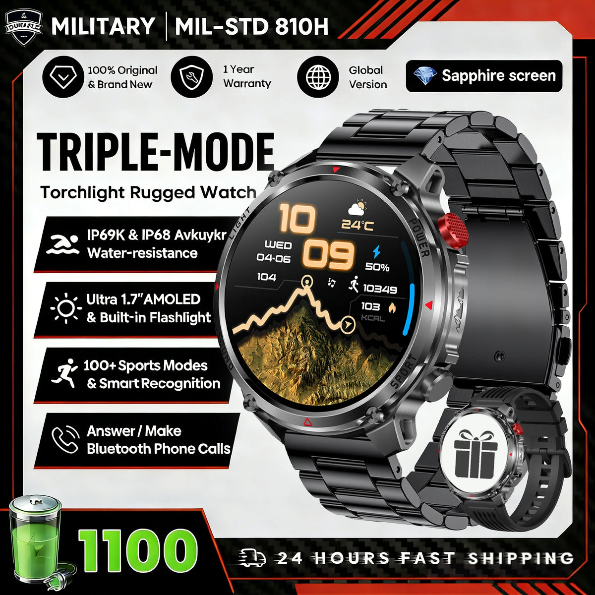 2026 New Fashion Luxury 1100mAh Battery 1.7-inch HD Screen Compass Wireless Call Flashlight 100+Sports Outdoor Sports smart