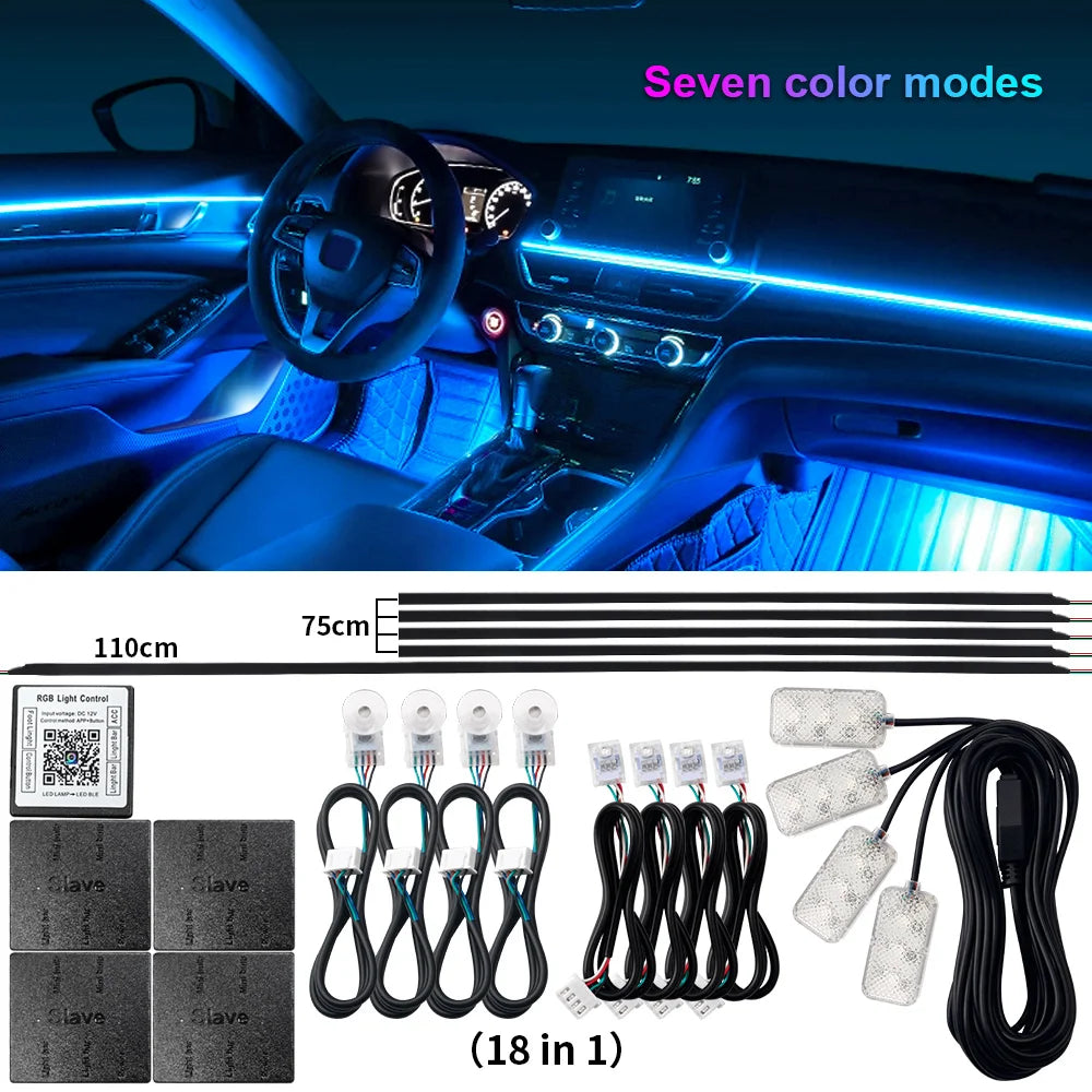 14/18 in 1 Led Acrylic Car Ambient Light RGB 64 213 Color Symphony Acrylic APP Streamer Atmosphere Lamp Kit One Zone Dual Zone