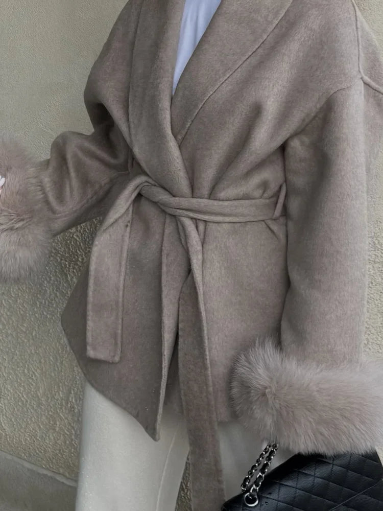 Elegant Lace Up Woolen Coat Women Furry Lapel Fur Patchwork Belt Loose Short Jacket Female Lady 2025 Autumn Winter New Cardigans