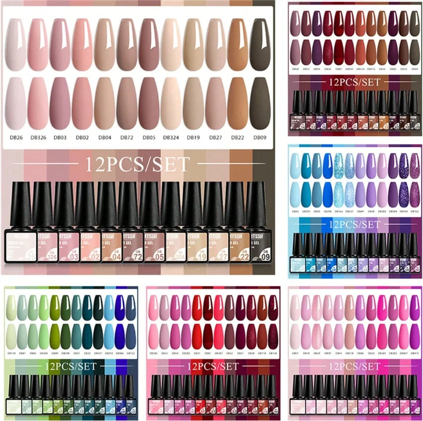MTSSII 12pcs Gel Nail Polish Set Nude Pink Red Glitter Semi Permanent Soak Off  UV Gel Varnish Manicure Kit Nail Supplies DIY