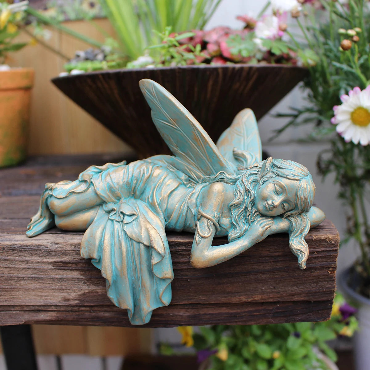 Resin imitation copper sleeping position wings elf suitable for desktop, courtyard, lawn, flower pot, Valentine's Day gift