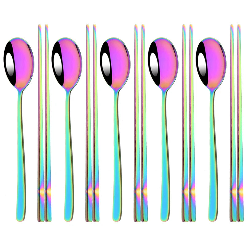 304 Stainless Steel Cutlery Set Sushi Sticks Dinner Spoons Set 10Pcs Dinnerware Korean Chopsticks Dessert Spoon Flatware Set