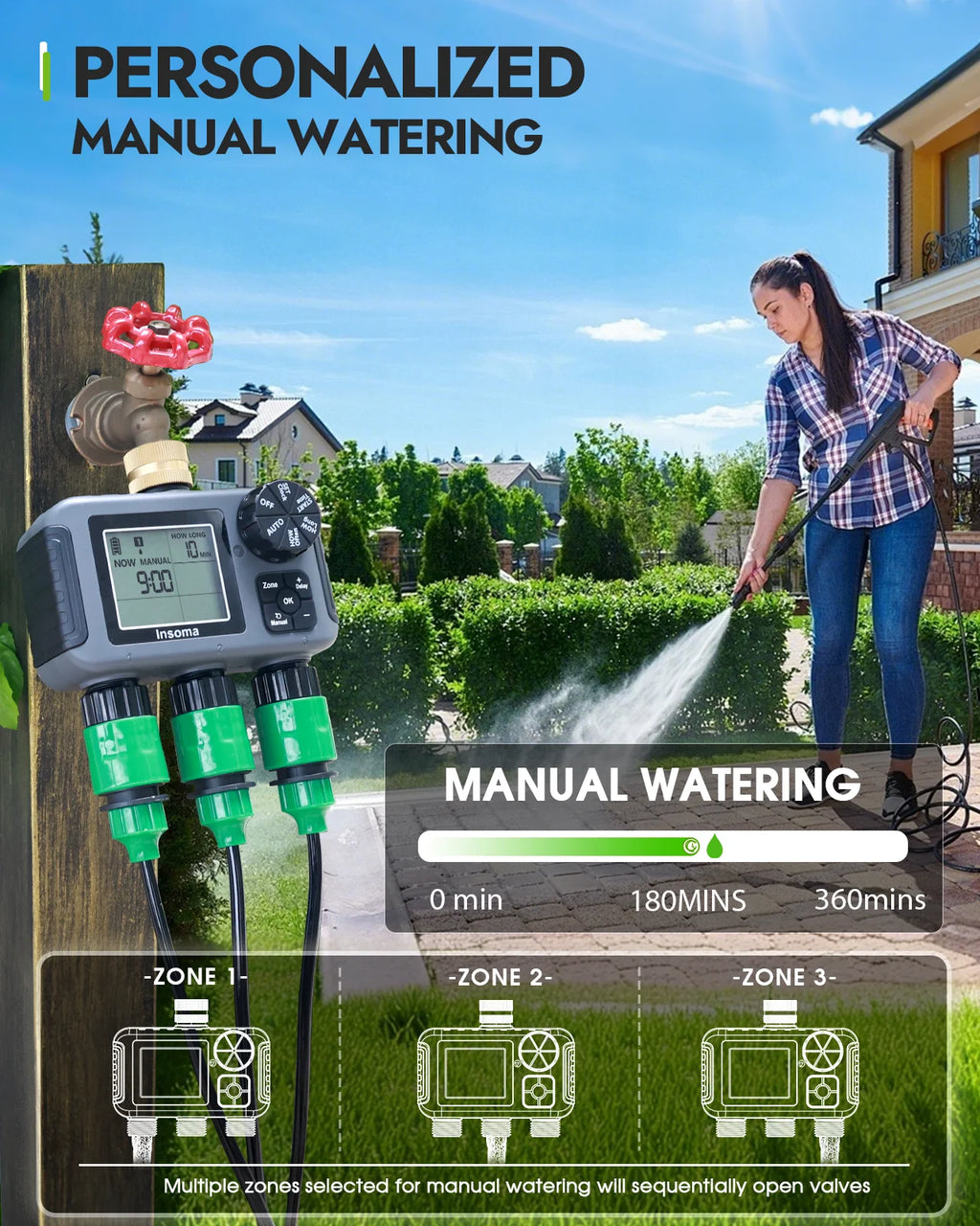 Insome Automatic Water Timer 3 Outlets Dip Watering Hose Faucet Sprinkler Timer Independent Control Programmer for Garden Yard