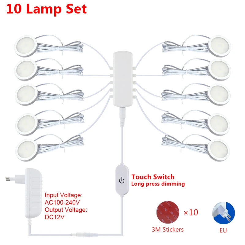 LED Under Cabinet Puck Lights DC12V Touch Dimmable Round 3W/5W Warm/Natural/Cool White Set