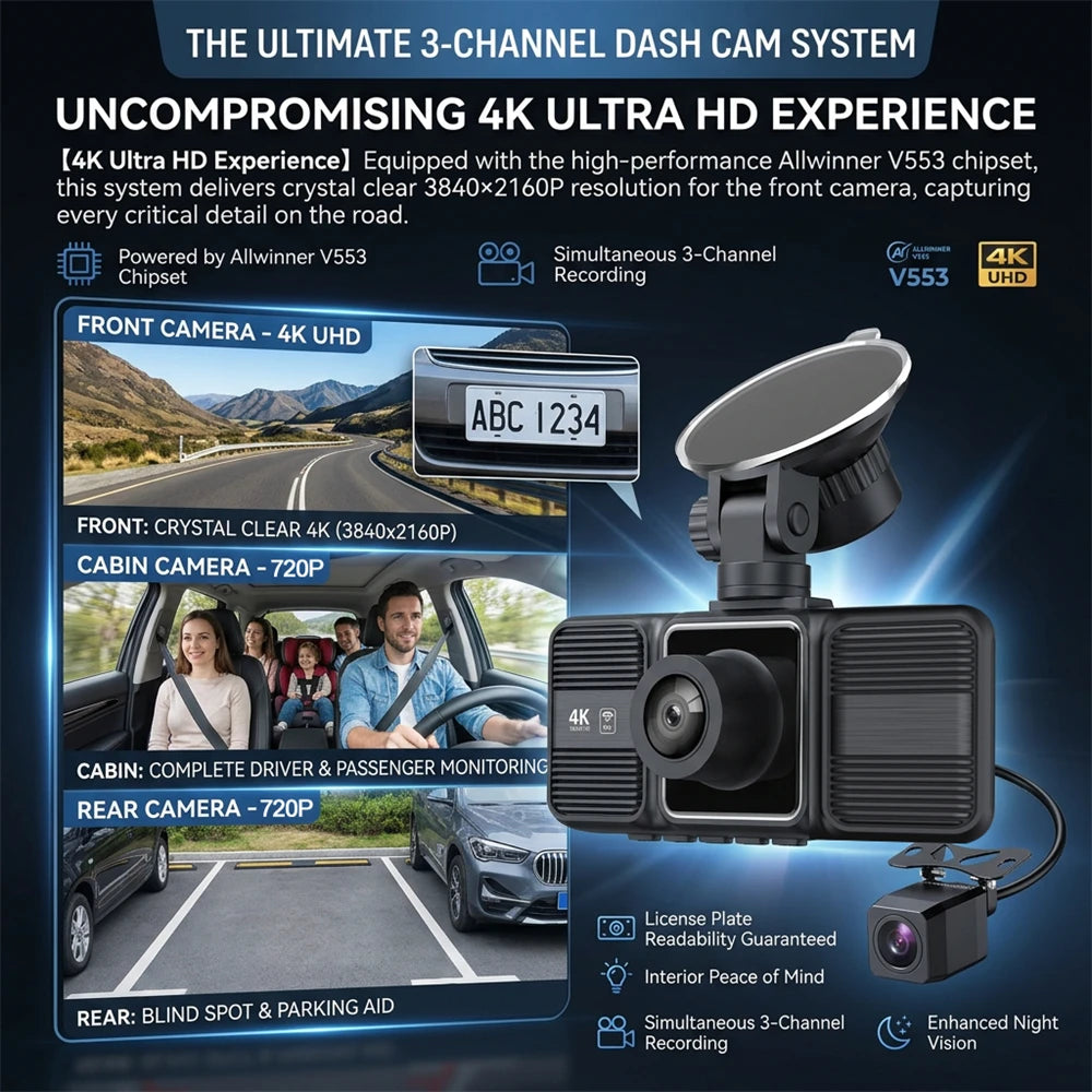 4K 3-Lens Dash Cam WiFi Car DVR Front Inside Rear Triple Camera 24H Parking Mode