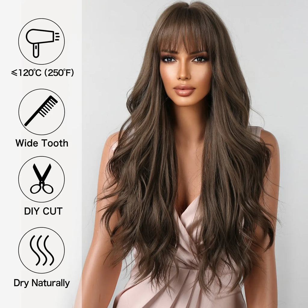 Long wavy synthetic wig with bangs, brown heat resistant, includes wig cap, 1pc