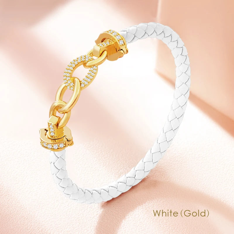MOONLIGHT New Luxury Women's Zircon Ring Round Bracelet Genuine Braided Leather Bracelet for Woman Fashion Accessories 8 colors