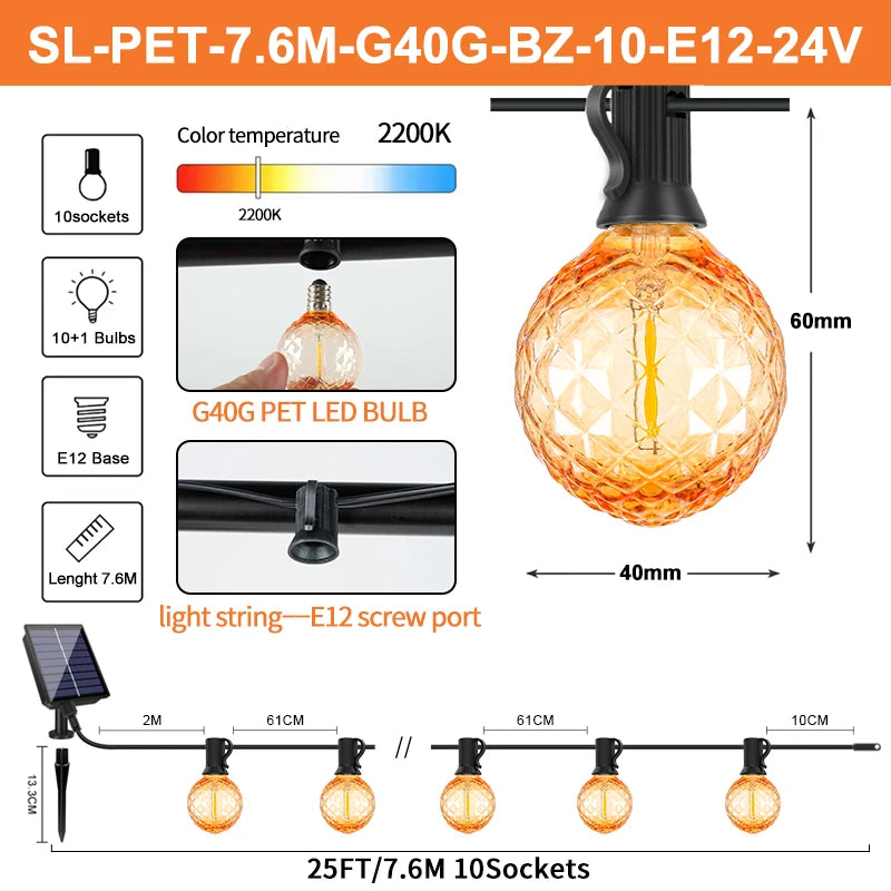 Grensk Solar String Lights with Remote, Dimmable G40 LED Diamond Bulbs, IP44 Outdoor