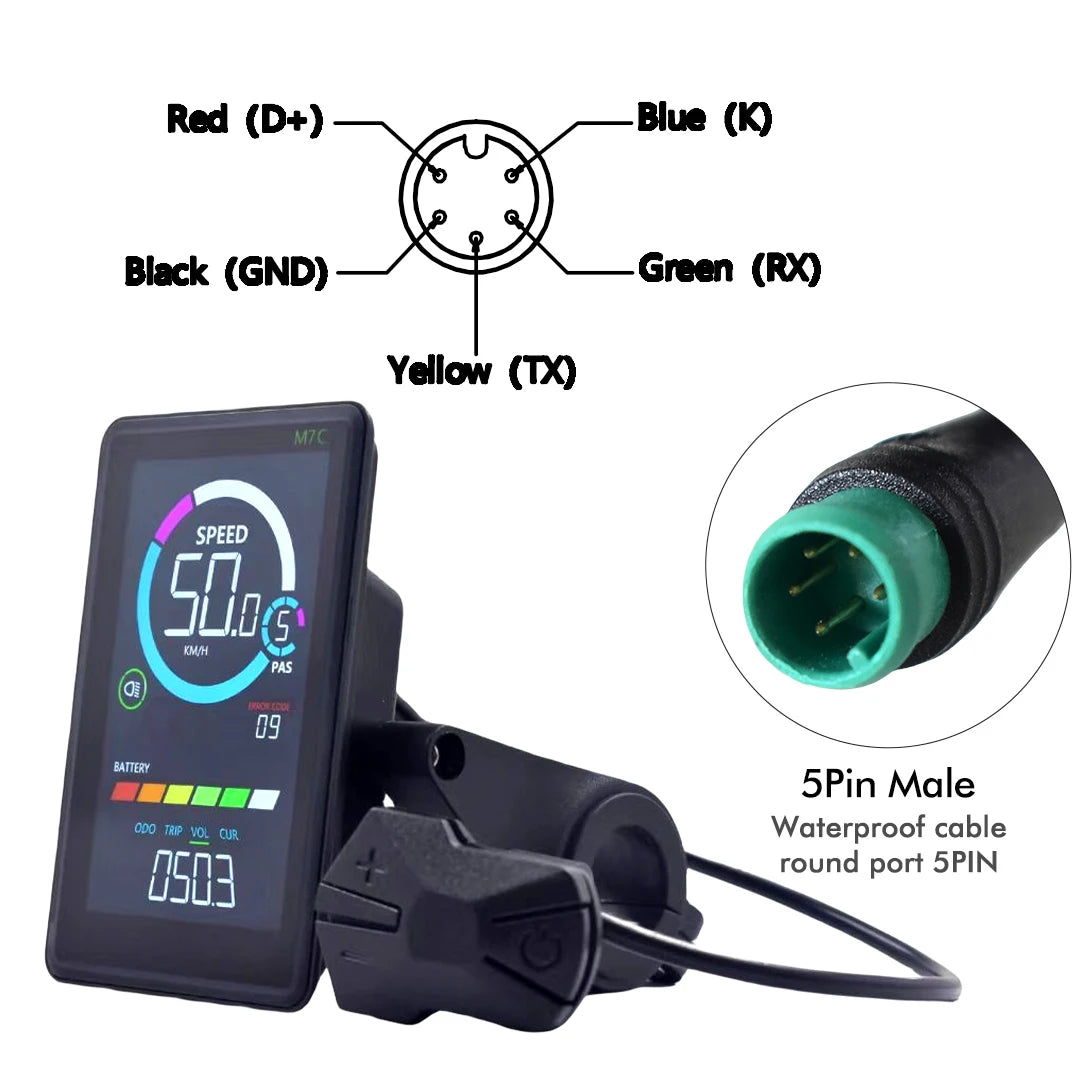 M7C-2 Electric Bike LCD Display Meter UART2 with USB, 24V-60V, 5/6 Pin Options