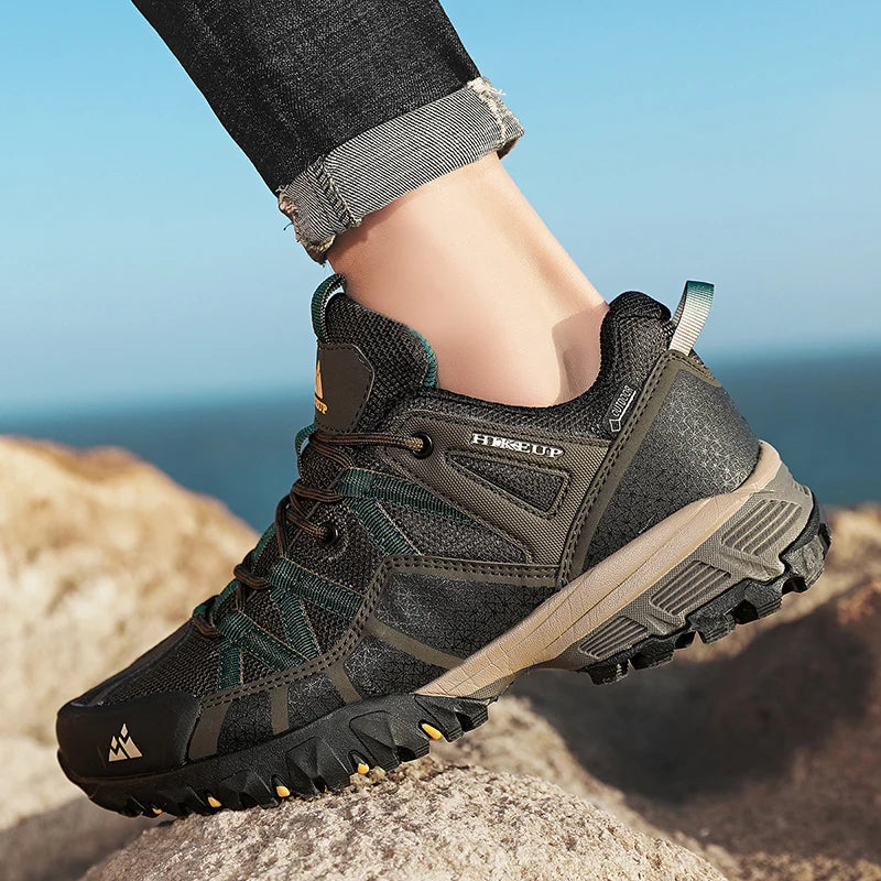 HIKEUP Men's Hiking Sneakers Breathable Cushioned Non-Slip Outdoor Shoes, Black/Green/Grey 40-45