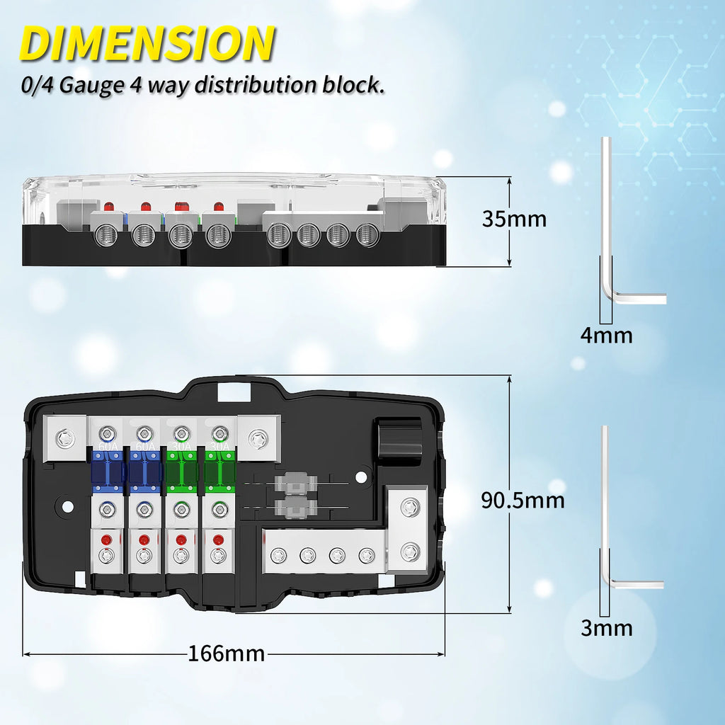 Fused Power Distribution Block Car Audio 4 Way MIDI(Mini-ANL) Fuse Block 12V 0/4 Gauge with Ground for Auto UTV Boat Stereo Amp