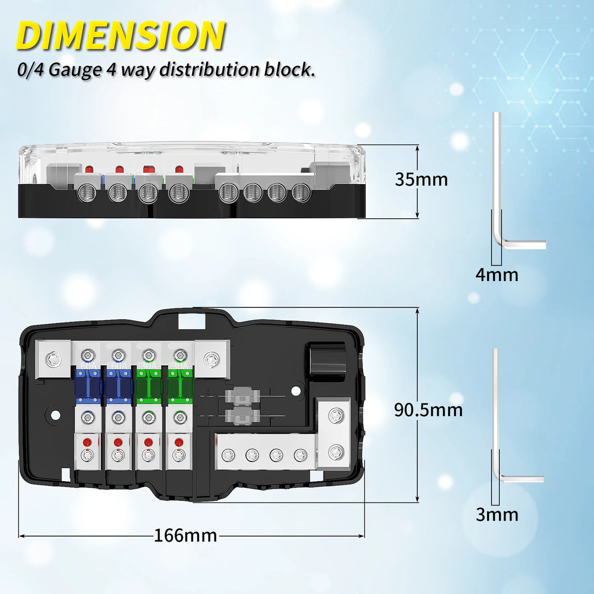 Fused Power Distribution Block Car Audio 4 Way MIDI(Mini-ANL) Fuse Block 12V 0/4 Gauge with Ground for Auto UTV Boat Stereo Amp