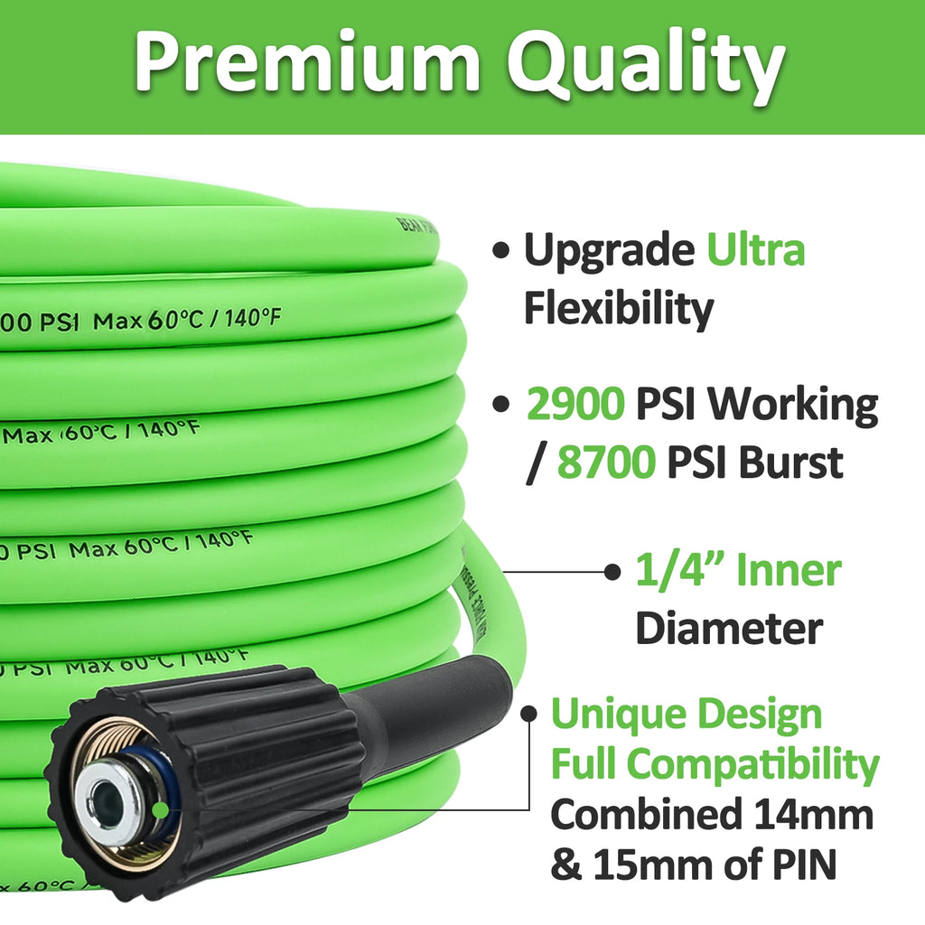 Soft Flexible High Pressure Washer Water Hose with M22-14/ 15mm Brass Fitting 1/4" x 10M & 200Bar, Kink Resistant Extension Hose