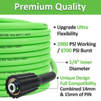 Soft Flexible High Pressure Washer Water Hose with M22-14/ 15mm Brass Fitting 1/4" x 10M & 200Bar, Kink Resistant Extension Hose