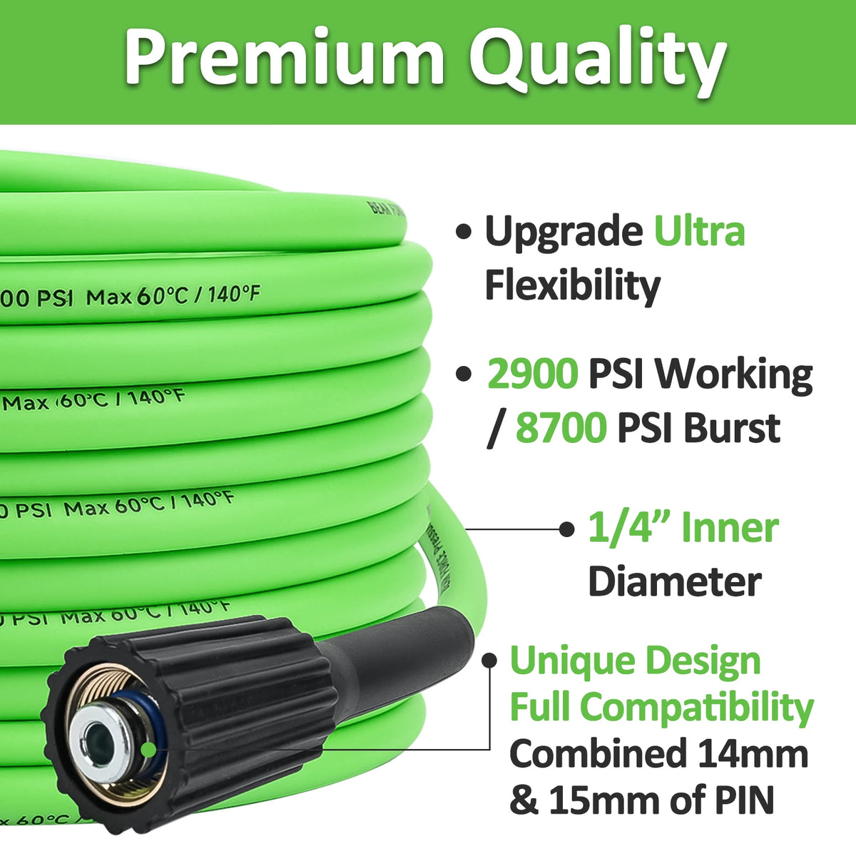 Soft Flexible High Pressure Washer Water Hose with M22-14/ 15mm Brass Fitting 1/4" x 10M & 200Bar, Kink Resistant Extension Hose