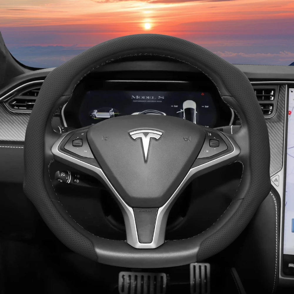 Suitable for Tesla Perforated Leather Steering Wheel Cover, Non-Slip, Sweat-Absorbent, Breathable, Integrated Snap-On Protective Case for Model 3 Y S X and Other Models, Available in Black, Orange, Red, White, Green