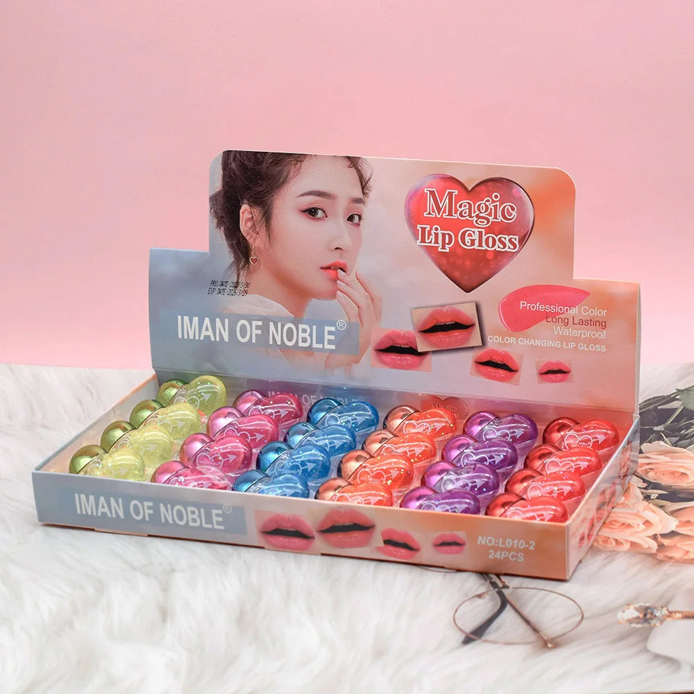 Wholesale 24pcs Sequin Lip Gloss Cute Heartshaped Colorchanged Girls Woman Kawaii Natural Moisturizing Lips Makeup Bulk