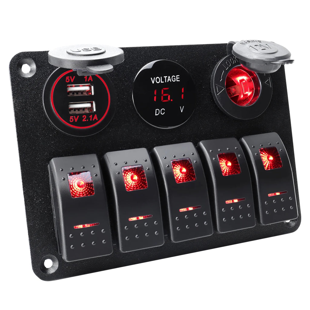 5 sets of rocker switch panels, 12-24V, with dual USB socket 4.2A+voltmeter LED light and cigarette lighter.