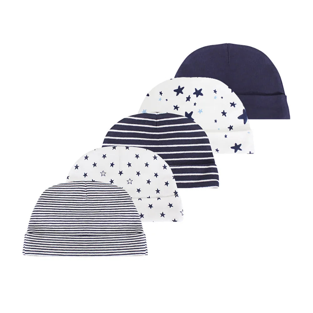 Kiddiezoom Newborn Baby Cotton Beanie Hats 5-Pack, Soft Infant Caps 0-6 Months