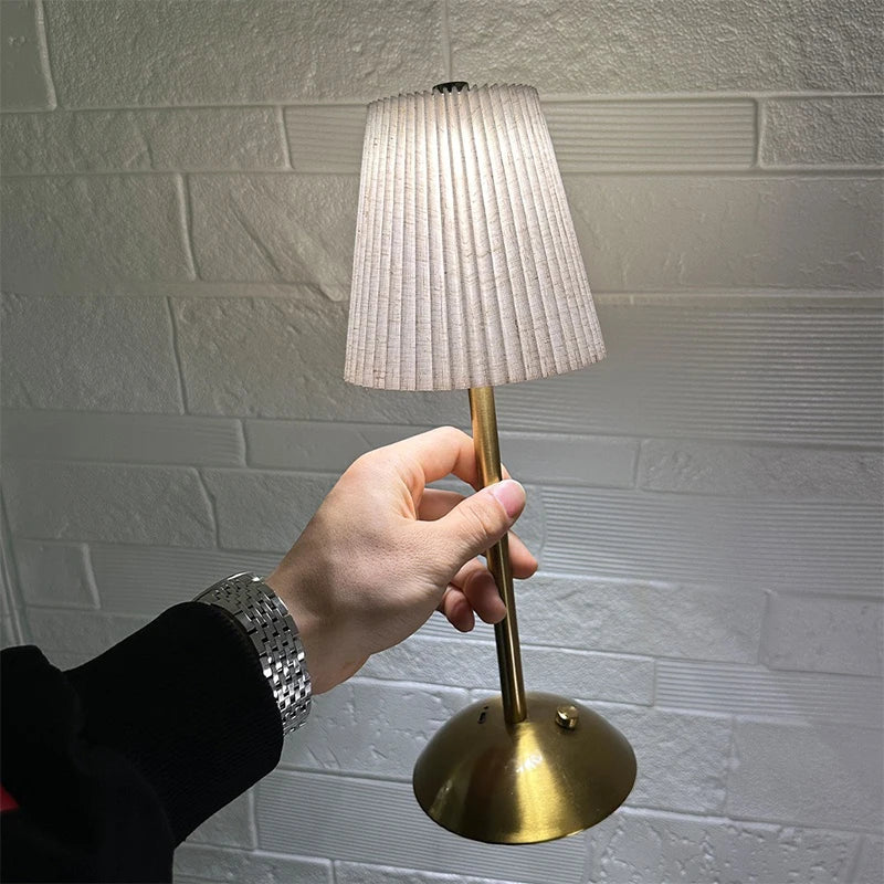 Small Pleated Table Lamp USB Rechargeable Nightstand Lamp Cordless Desk Lamp for Bedroom Living Room Home Office Decor