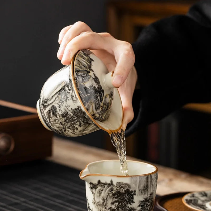 160ML Ru Kiln Landscape Porcelain Gaiwan Set For Tea Tureen Teaware Cup Chinese Yellow Ceramic Opening Tea Bowls Tea Ceremony