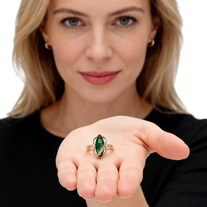 Kinel Green Zircon Jewelry Set 3pc Rose Gold Color Necklace Earrings Ring, Sizes 7-10