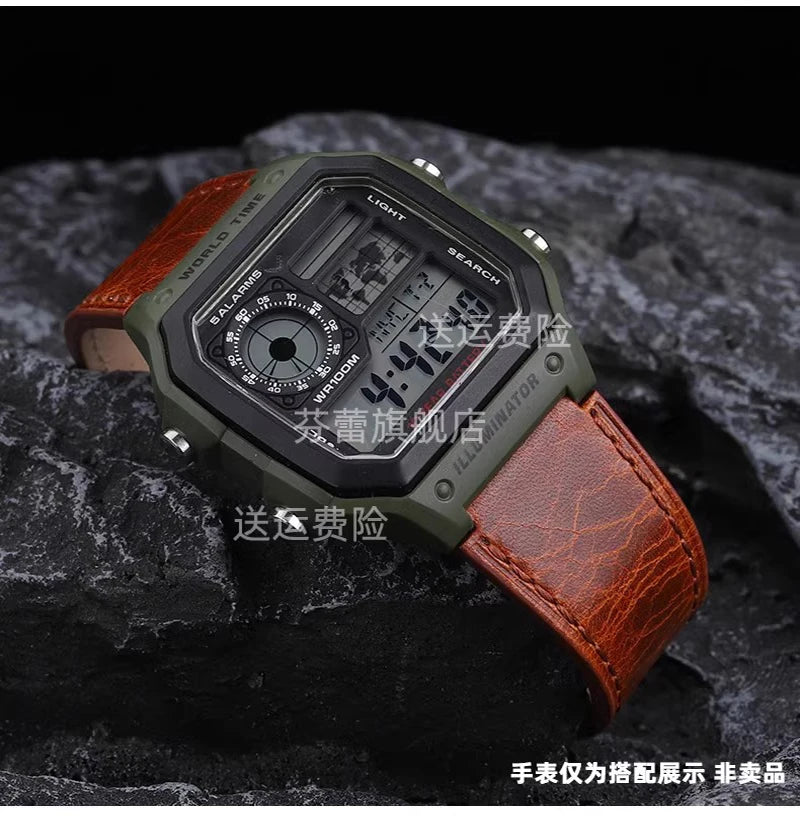 Retro Genuine Leather Watchband For Casio AE1200 AE1300 A158W/A168 W-216H Vintage Watch Strap convex mouth Men's Bracelet 18MM