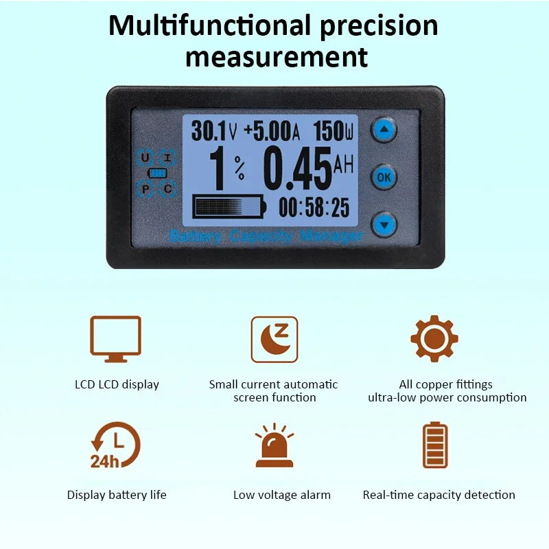 Wired Shunt Coulombmeter DC 8-120V 100/200/300/500A Energy Meter Battery Capacity Tester Low Voltage Alarm LCD Ammeter Voltmeter