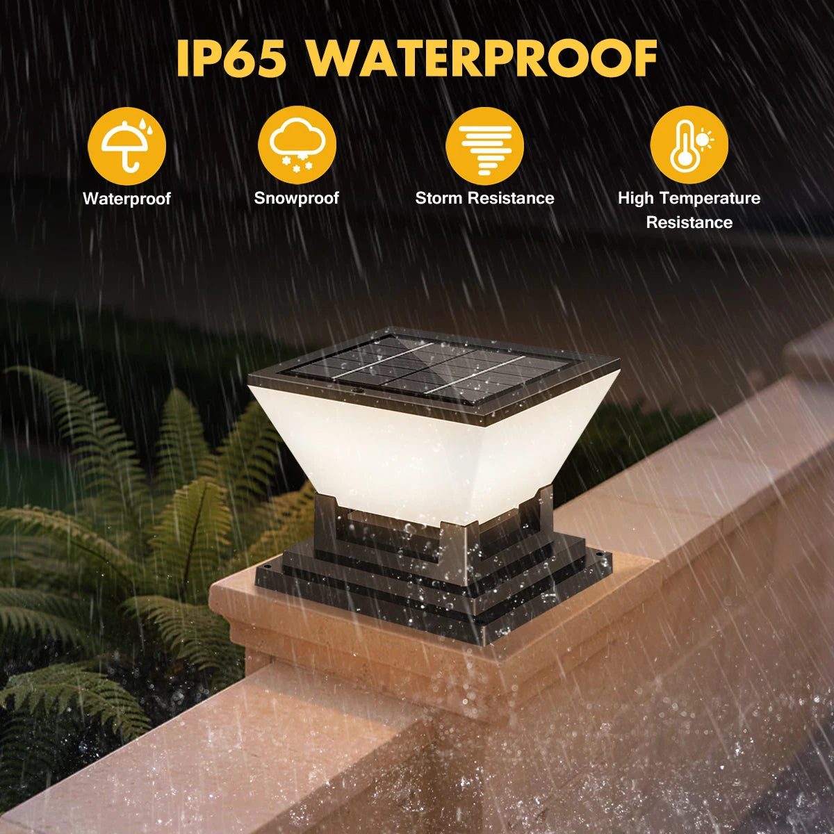 Solar Post Light Auto Dusk to Dawn IP65 Waterproof 3 Color Temps Short Press Change Long Press Off for Garden Pool Step Pillar