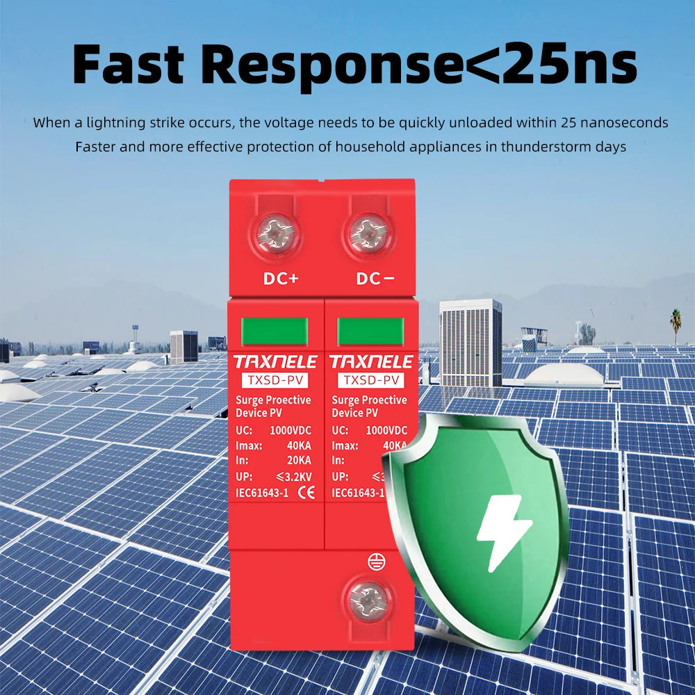 DC SPD Surge Protective Device 2P 40KA 60KA 600V 800V 1000V Voltage Protector Solar PV Photovoltaic Lightning Arrester