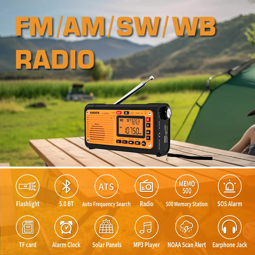 Emergency Crank Solar Radio XHDATA D608WB FM/AM/SW/NOAA Alert Portable Radio Charging 3000mAh Power Bank LED Flashlight Torch