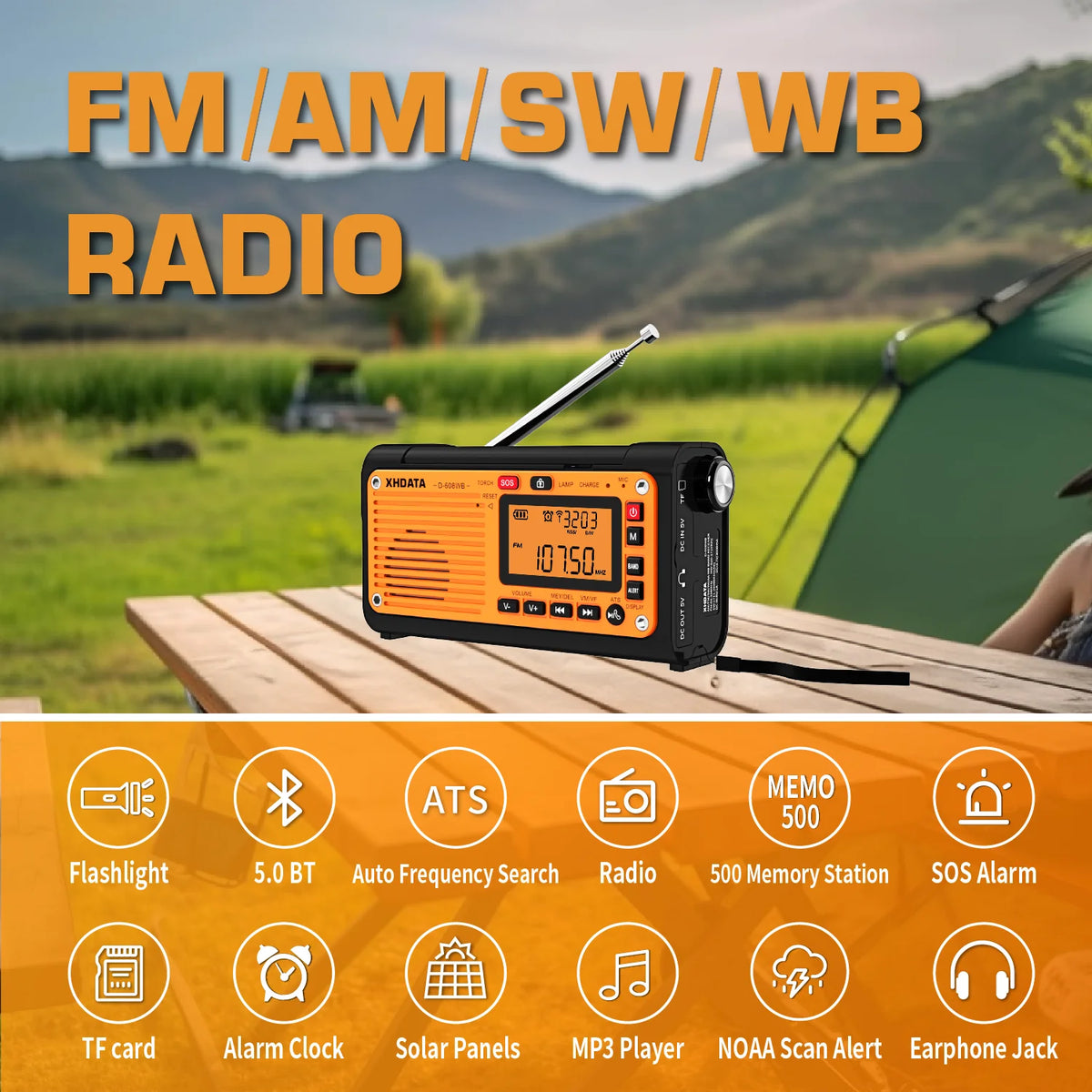 Emergency Crank Solar Radio XHDATA D608WB FM/AM/SW/NOAA Alert Portable Radio Charging 3000mAh Power Bank LED Flashlight Torch
