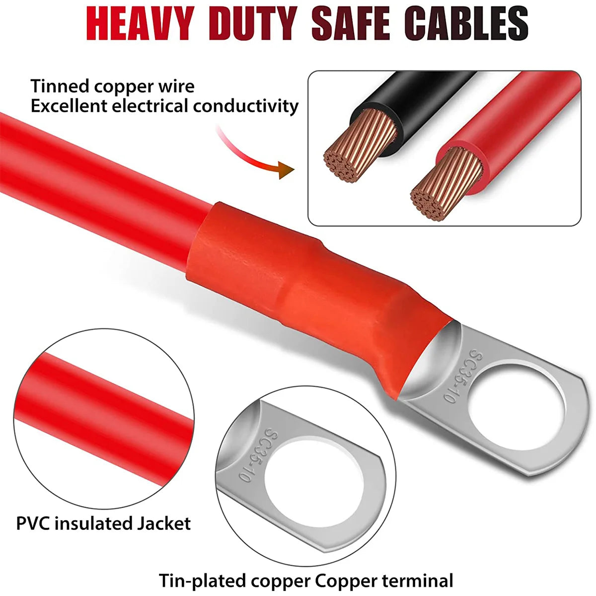 2Pcs Battery Inverter Cable 30cm 12V Copper Auto Battery Cable Waterproof Car Battery Leads  for Truck Motorcycle Solar RV Marin