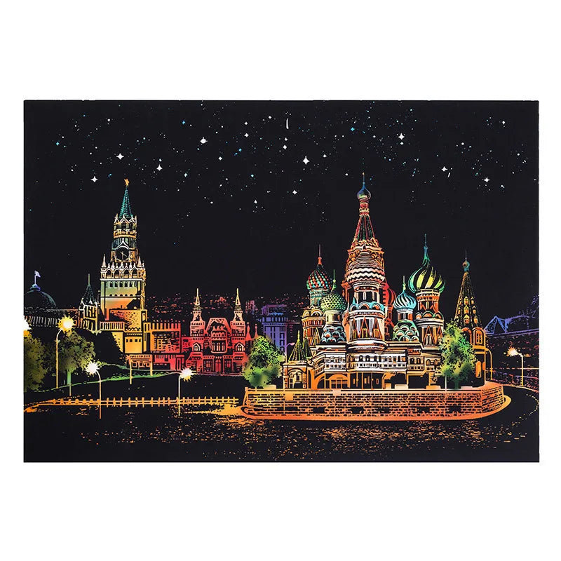 DIY A3 City Landmarks Paris London Night Scene Scratch Painting With Tool Scenery Landscape Colorful Scratch Art Room Decor Gift