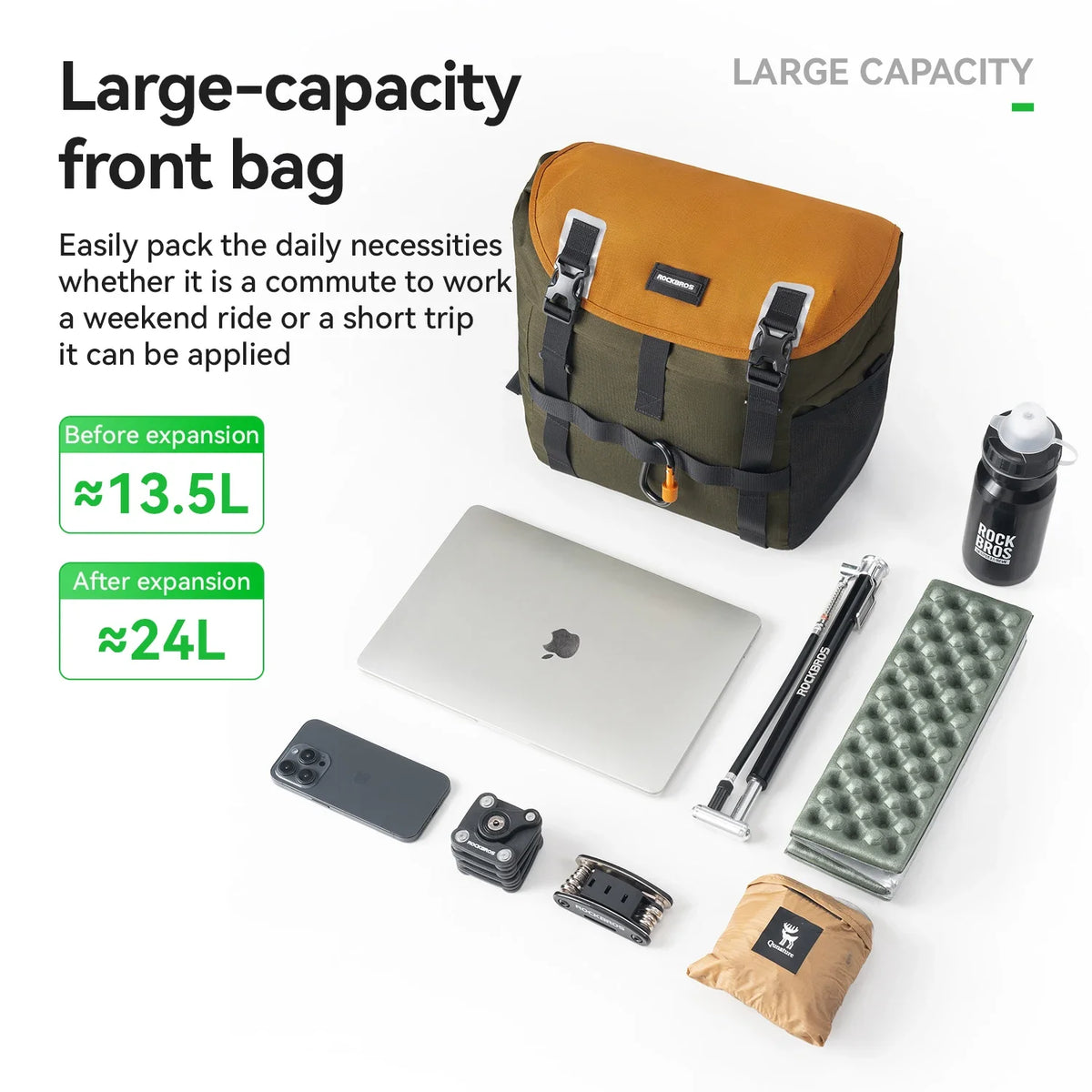 ROCKBROS Front Bike Bag Portable Waterproof Shoulder Bag Versatile for Multiple Scenarios 24L Expandable Handlebar Bag