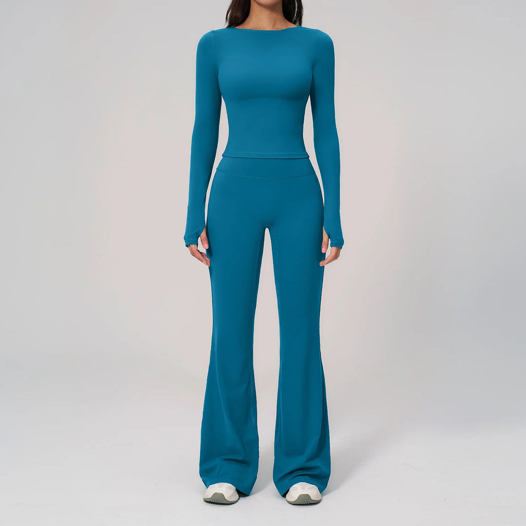 2PCS Women Tracksuits Yoga Suit Sport Outfits Gym Clothes Breathable Long Sleeve Flared Pants Athletic Wear Female Yoga Clothing
