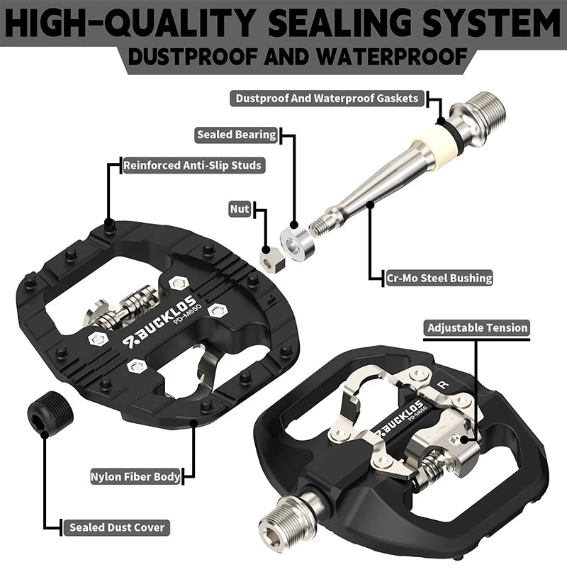 BUCKLOS Mountain Bicycle Pedals Sealed Bearing Dual Clipless Flat & Lock Pedal for Shimano SPD Nylon Bike Pedals Cycling Parts