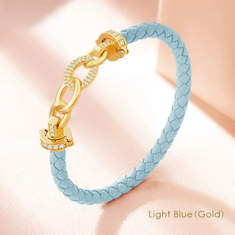 MOONLIGHT New Luxury Women's Zircon Ring Round Bracelet Genuine Braided Leather Bracelet for Woman Fashion Accessories 8 colors