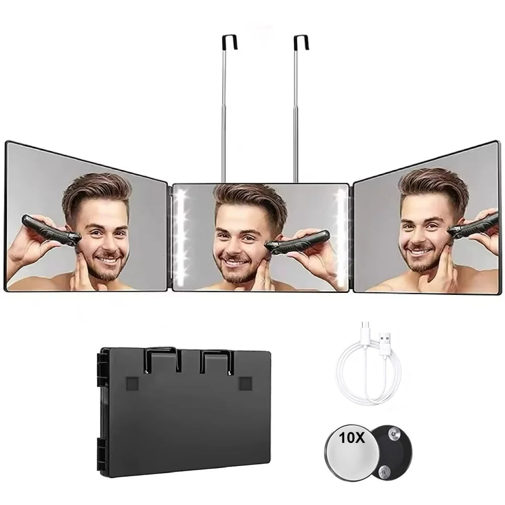 S Travel Portable 360 Trifold Vanity Makeup Mirror with Height Adjustable Telescoping Hook for Hair Self Cutting Fordable Mirror