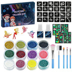 12 Color Temporary Glitter Tattoo Kit with 24 Stencils 4 Luminous Tattoo Stickers Arts Glitter Make Up Christmas Holiday Gifts