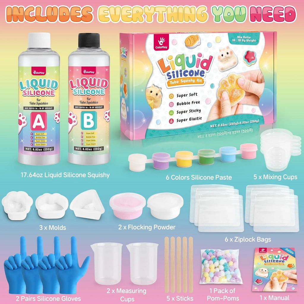 Taba Squishy Kit - 18OZ Rubber Squishy Kit with Guided, Bubble Free and Faster Fully Cures - FuFu Squishy Kit with Mold, Flockin